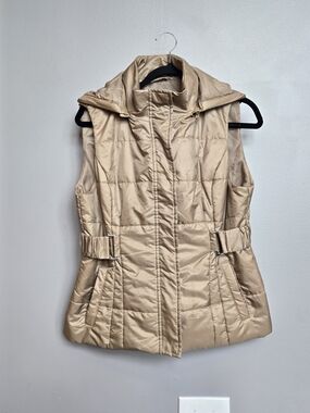 New York & Company Gold Quilted Puffer Vest Hooded Belted Medium